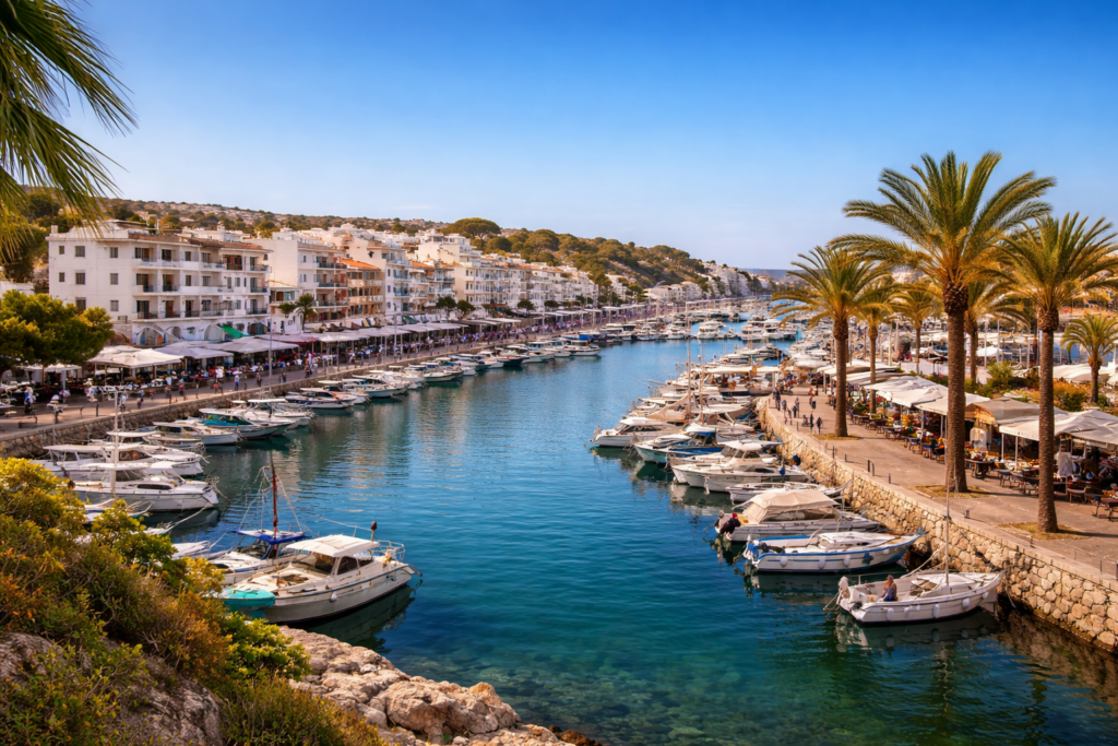 Cala Ratjada centrum straat met palmbomen en winkels